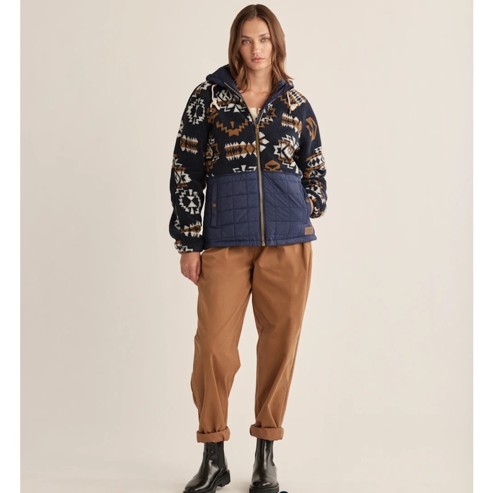 PENDLETON QUILTED TANSY FLEECE HOODED WESTERN PRINT JACKET SIZE LARGE NAVY TAN - Picture 5 of 12